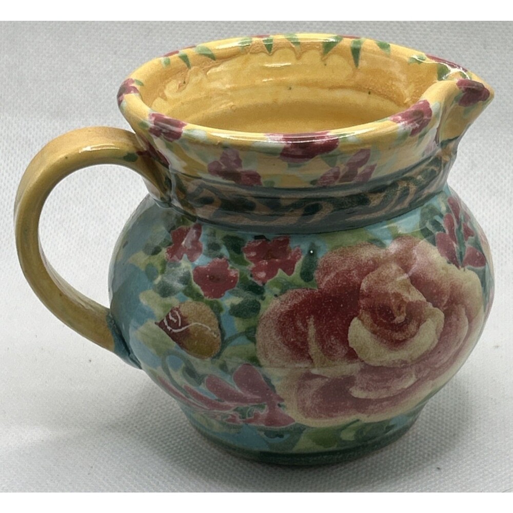 Sandy Kreyer Art Pottery Creamer large rose cottage Core blue yellow pink Signed